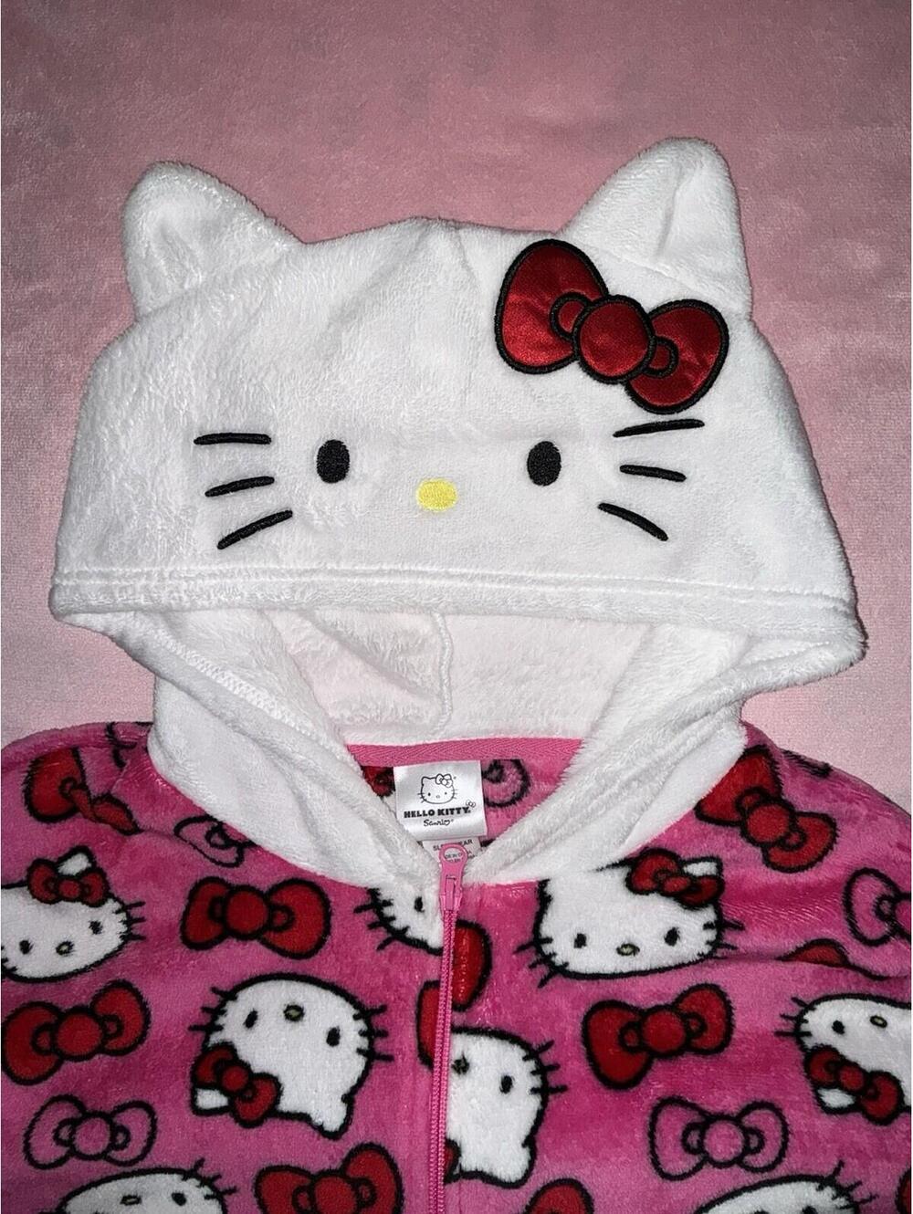 Hello Kitty Adult One Piece Pajama Pink Lightweight Fleece Zip Front Hooded Lrg
